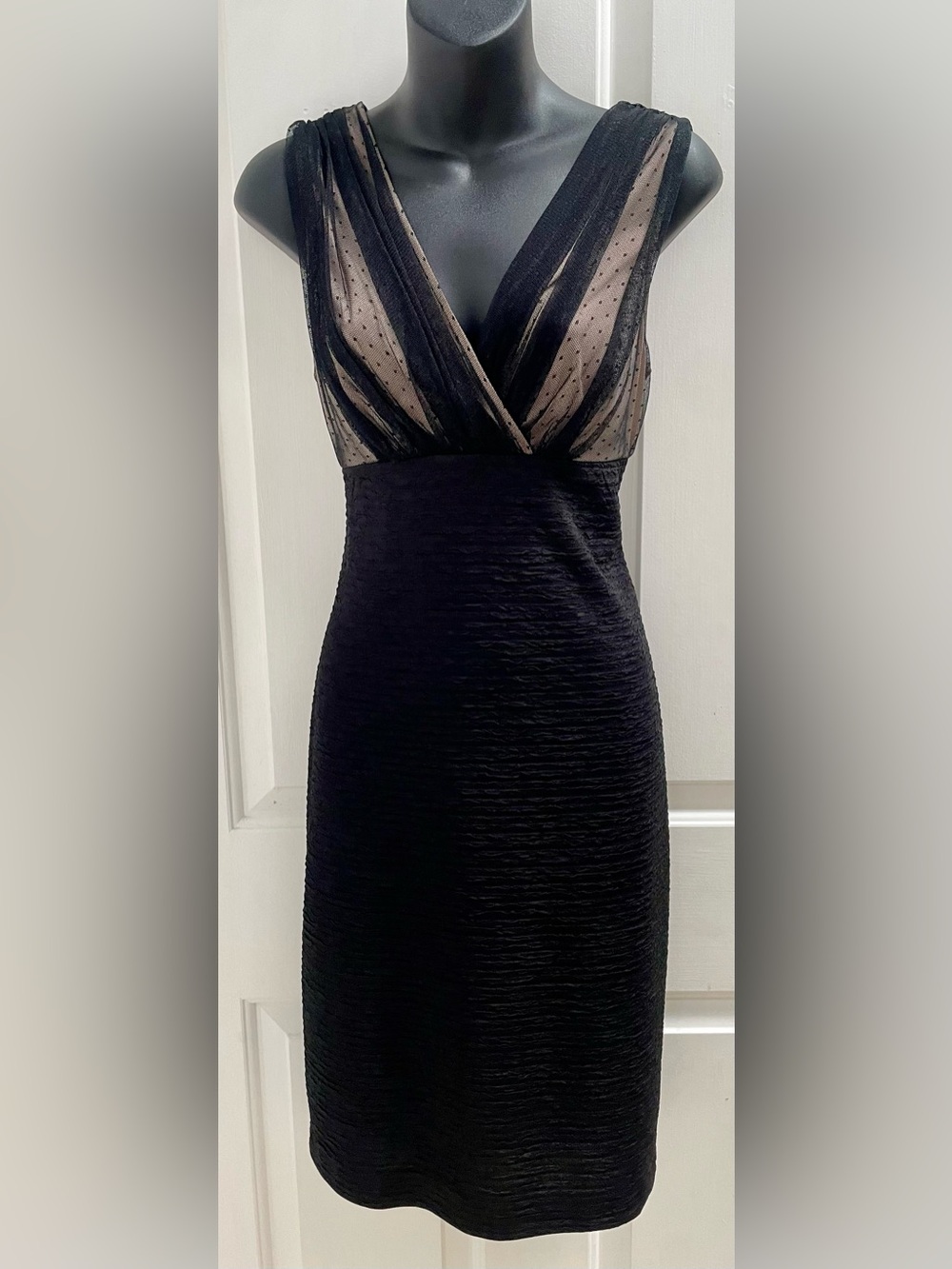 London Times Black Sleeveless Illusion Polka-Dot V-Neck Dress